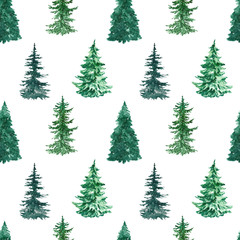 Winter snowy pine trees seamless pattern. Watercolor spruce conifer tree background. Snow forest white backdrop. For Christmas packaging design, cards, invitation, wrapping paper.