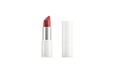 Blank white opened and closed tube with red lipstick mockup