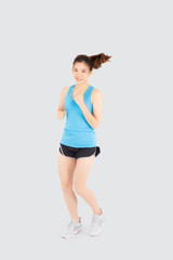 Fototapeta na wymiar Beautiful young asian woman happy and smiling jogging isolated on white background, asia girl cheerful in sport is activity exercise cardio and workout with running for healthy, health concept.
