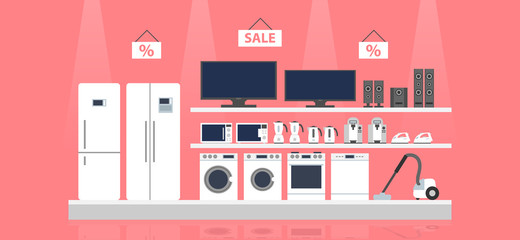 household appliances electoronics retail store shelves shopping sale vector illustration