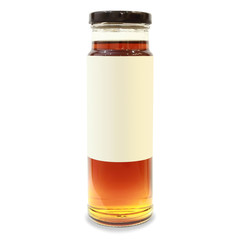Honey jar with black lid and blank label, on white background.  3D illustration