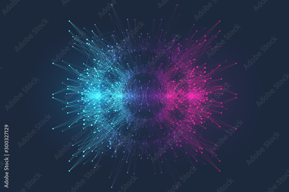 Poster Quantum computer technology concept. Deep learning artificial intelligence. Big data algorithms visualization for business, science, technology. Waves flow, dots, lines. Quantum vector illustration.