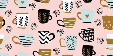 Stickers pour porte Café Modèle sans couture avec des tasses de café, scandinave