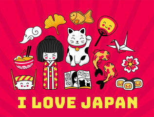 Japan. Red banner, postcard with famous japanese symbols. Geisha, maneki-neko, sushi, sakura and origami. Cartoon vector illustration.