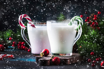 Hot winter white drink with candy sticks, Christmas or New Year decorations, dark background,...