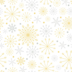 Seamless pattern cold Winter in Christmas Day with Cute cartoon snowflakes in different size in silver and yellow gold on white background,Vector seamless for wrapping paper or fabric