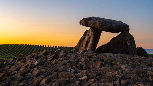 Dolmen of Chabola de la Hechicera at sunrise, Elvillar, Basque Country, Spain