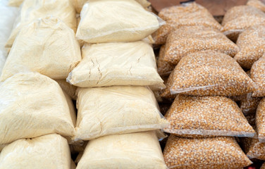 corn flour and corn packages sold in the organic food market
