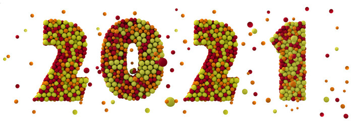 Happy New 2021 Year. Holiday brown woolen balls of numbers 2020. 3d sign.