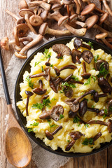 Roasted mushrooms with a side dish of potatoes and parsley close-up in a plate. Vertical top view