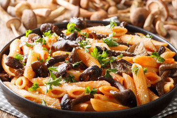 Penne pasta with wild mushrooms honey fungus, tomatoes, cheese and parsley close-up in a plate. horizontal
