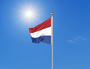 Fototapeta na wymiar 3D illustration. Colored waving flag of Netherlands on sunny blue sky background.
