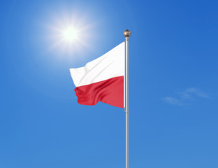 Naklejka na ściany i meble 3D illustration. Colored waving flag of Poland on sunny blue sky background.
