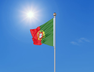 3D illustration. Colored waving flag of Portugal on sunny blue sky background.