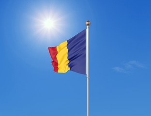 3D illustration. Colored waving flag of Romania on sunny blue sky background.