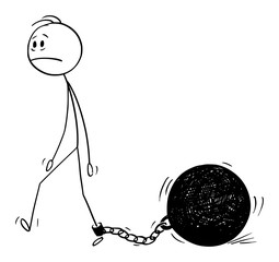 Vector cartoon stick figure drawing conceptual illustration of depressed man or businessman walking with big iron ball chained to his leg. Prison ball with shackle and chain. © Zdenek Sasek