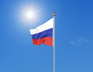 3D illustration. Colored waving flag of Russia on sunny blue sky background.