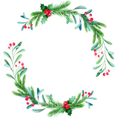  Watercolor christmas wreath, frame with fir branches berries.