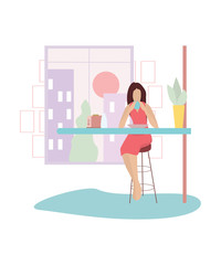 Woman having breakfast early in the morning. Daily routine