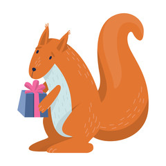 Vector illustration of cute squirel holding a gift box.