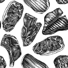 Beef steaks vector backdrop. Raw meat top view seamless pattern. Hand drawn cuts of beef, vegetables, spices. Steak house, meat restaurant menu design . Food for grill vintage background.