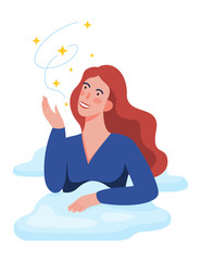 Vector illustration of young woman daydreaming. Female character think