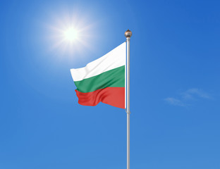 3D illustration. Colored waving flag of Bulgaria on sunny blue sky background.