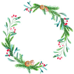  Watercolor christmas wreath, frame with fir branches berries.
