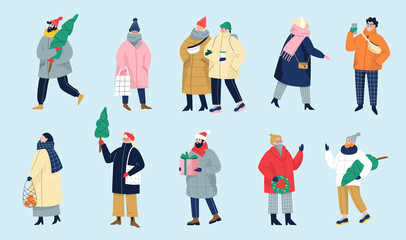Set of isolated vector illustration of people wearing warm winter clothes.