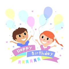 happy boy and girl with balloons, birthday greetings, cartoon design