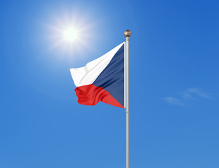 3D illustration. Colored waving flag of Czech Republic on sunny blue sky background.