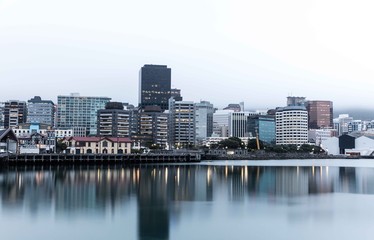 Fototapeta na wymiar Wellington city skyline in a misty evening