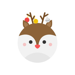 Reindeer cute christmas round character vector illustration. Winter, seasonal, holiday, festive xmas animal head. Isolated cartoon graphic icon.