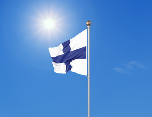 3D illustration. Colored waving flag of Finland on sunny blue sky background.