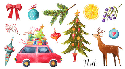 Watercolor Christmas, New Year set isolated on white background