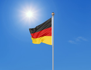 3D illustration. Colored waving flag of Germany on sunny blue sky background.