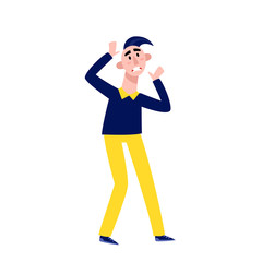 Upset man with raising hands standing isolated on white.