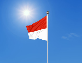 3D illustration. Colored waving flag of Indonesia on sunny blue sky background.