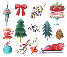 Watercolor Christmas, New Year set isolated on white background