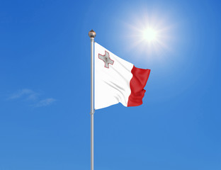 3D illustration. Colored waving flag of Malta on sunny blue sky background.
