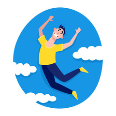 Paper style young man jumping on blue background with clouds.