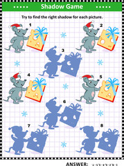 Shadow game with mice wearing santa caps and holding cheese slices as gifts with bows: Try to find the right shadow for each picture. Answer included.