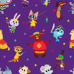 Seamless pattern with cartoon animals in costume isolated on violet.