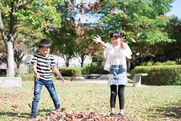 秋晴れの公園で落ち葉で遊ぶ子供