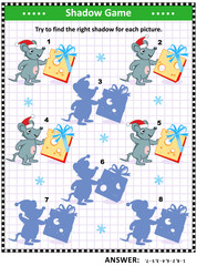 Shadow game with mice wearing santa caps and holding cheese slices as gifts with bows: Try to find the right shadow for each picture. Answer included.