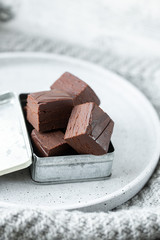 Homemade raw milk free, sugar free vegan chocolate brownies or fudge