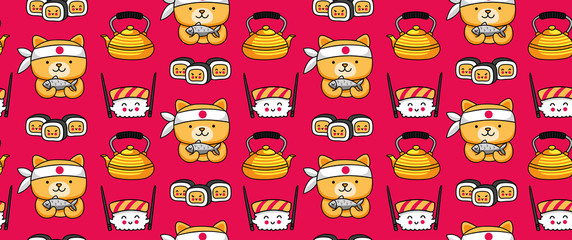 Red seamless pattern with sushi, kettle, tea and chef dog, holding fish. Japanese background. Cartoon vector illustration.