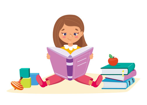 Little girl reading and sitting with books and toys. Kids learning education concept.  Children’s intellectual hobby. Smart clever child. Vector illustration, cartoon flat style. 