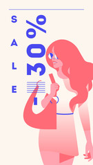 Vector fashion portrait of a model girl. Retro trendy coral color stories template. Sale Banner 30 percent Off