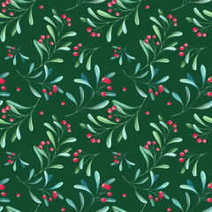  Watercolor Christmas pattern with berries.
